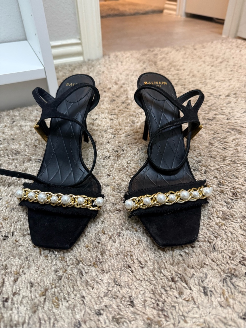 Balmain Black Pearl-Embellished Chain Strappy Heels